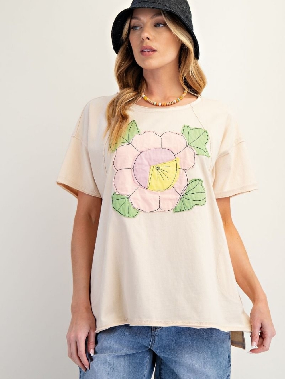 2-0411 EASEL flower Patch Cotton Mineral Washed Soft Top With Pockets Boutique - Picture 6 of 7